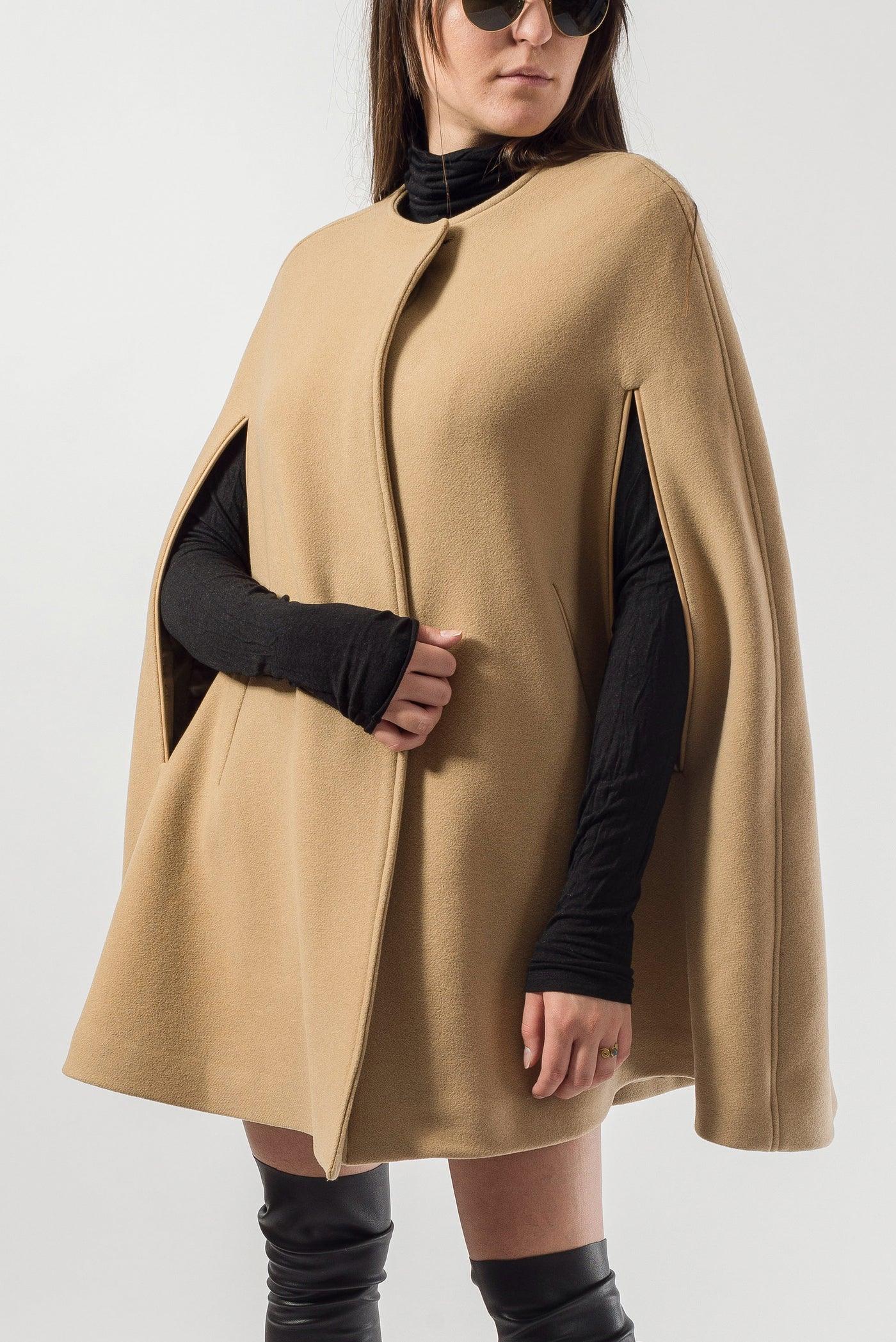 Camel winter wool cashmere cape coat F1821