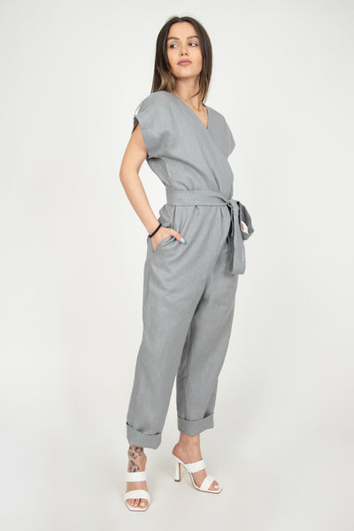 Loose gray linen jumpsuit F2294
