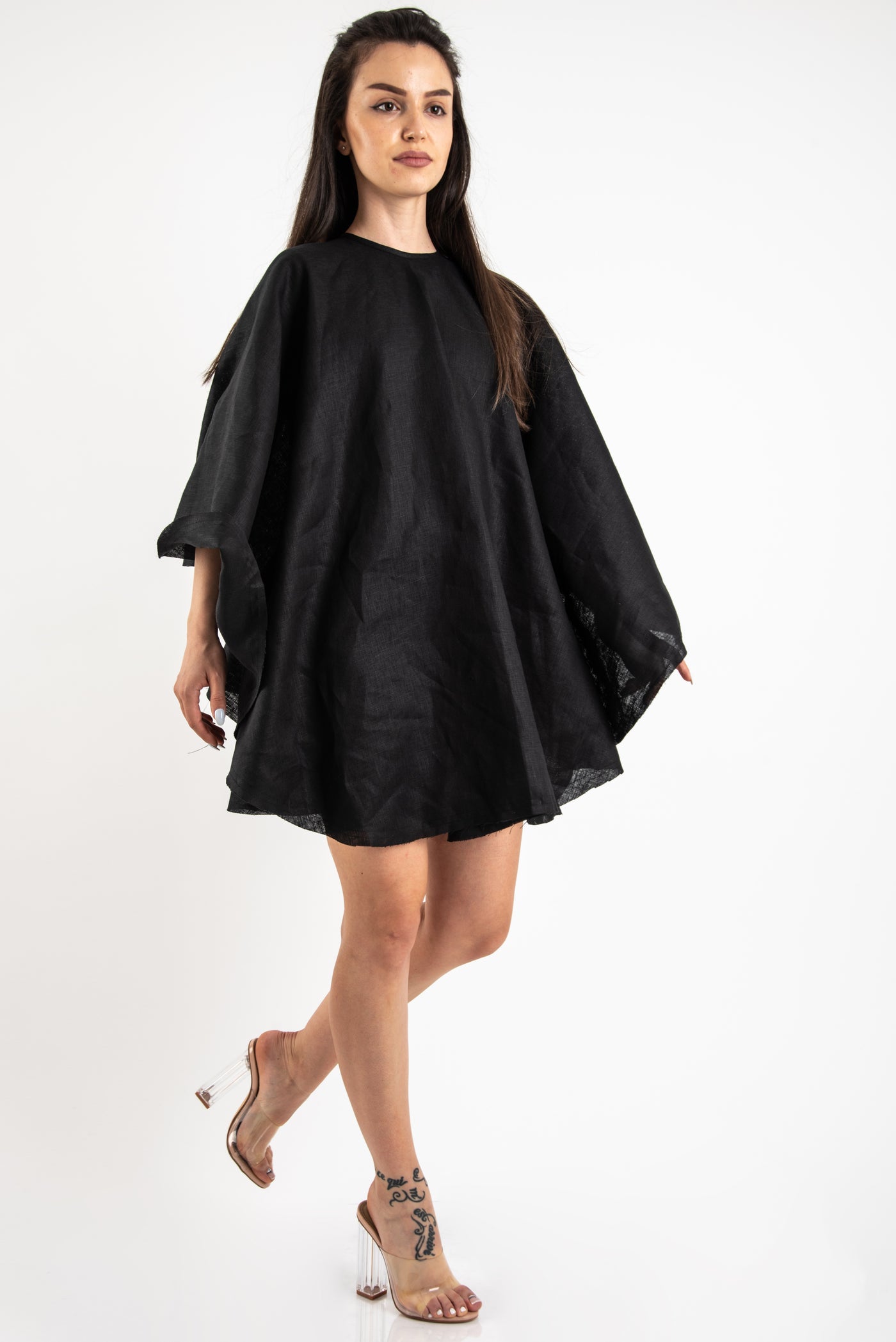 Black linen backless dress F2416