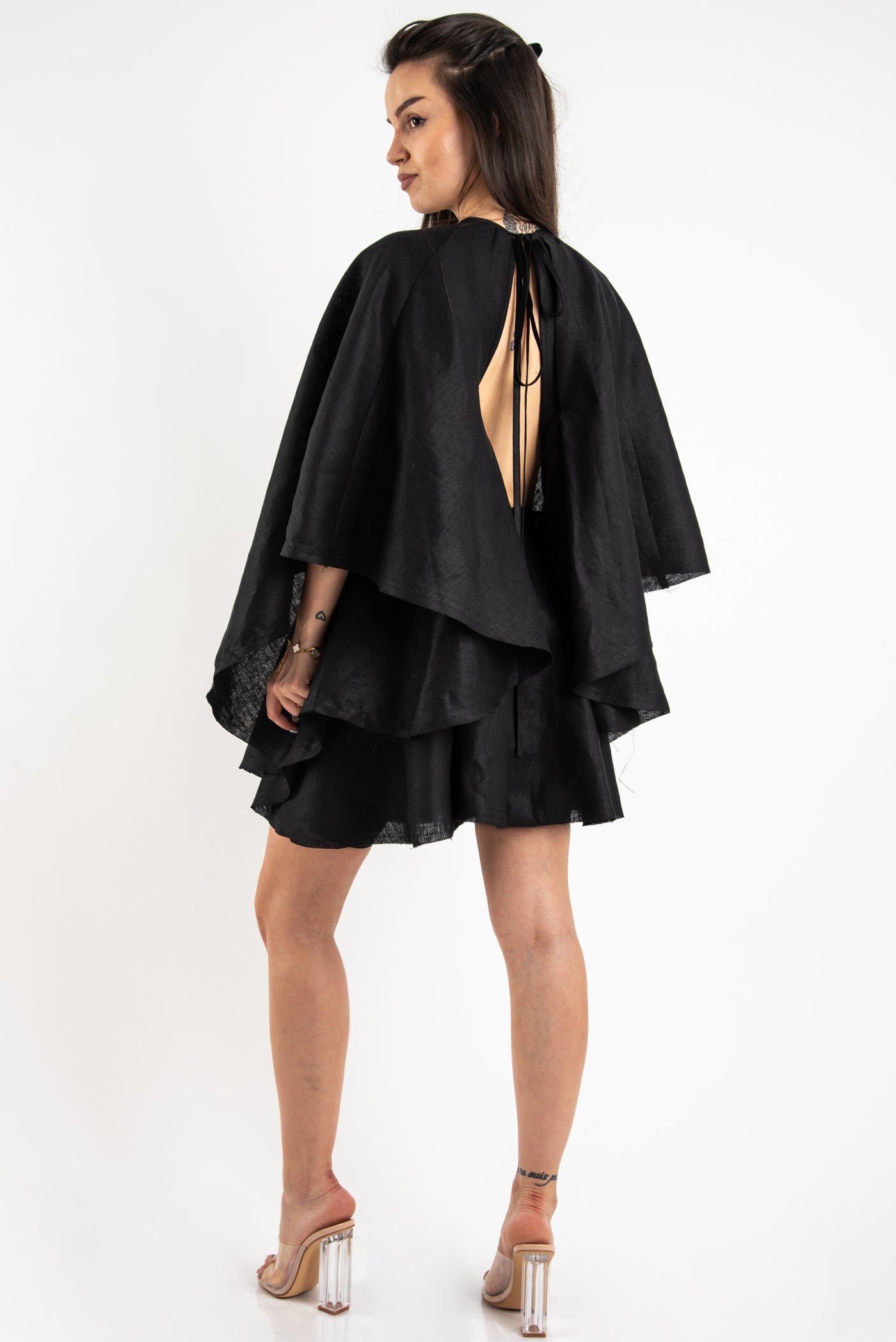 Black linen backless dress F2416