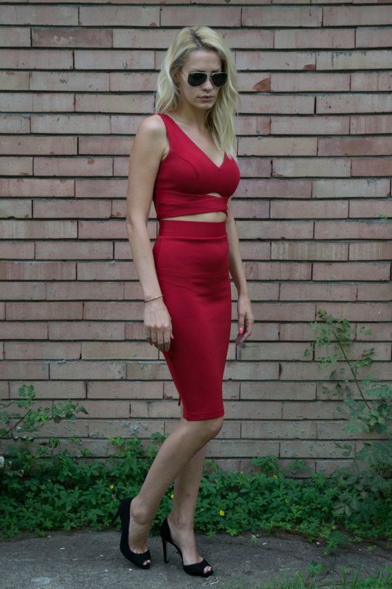 strapless open back dress Red Neoprene Bustier F1626 Black / 36c