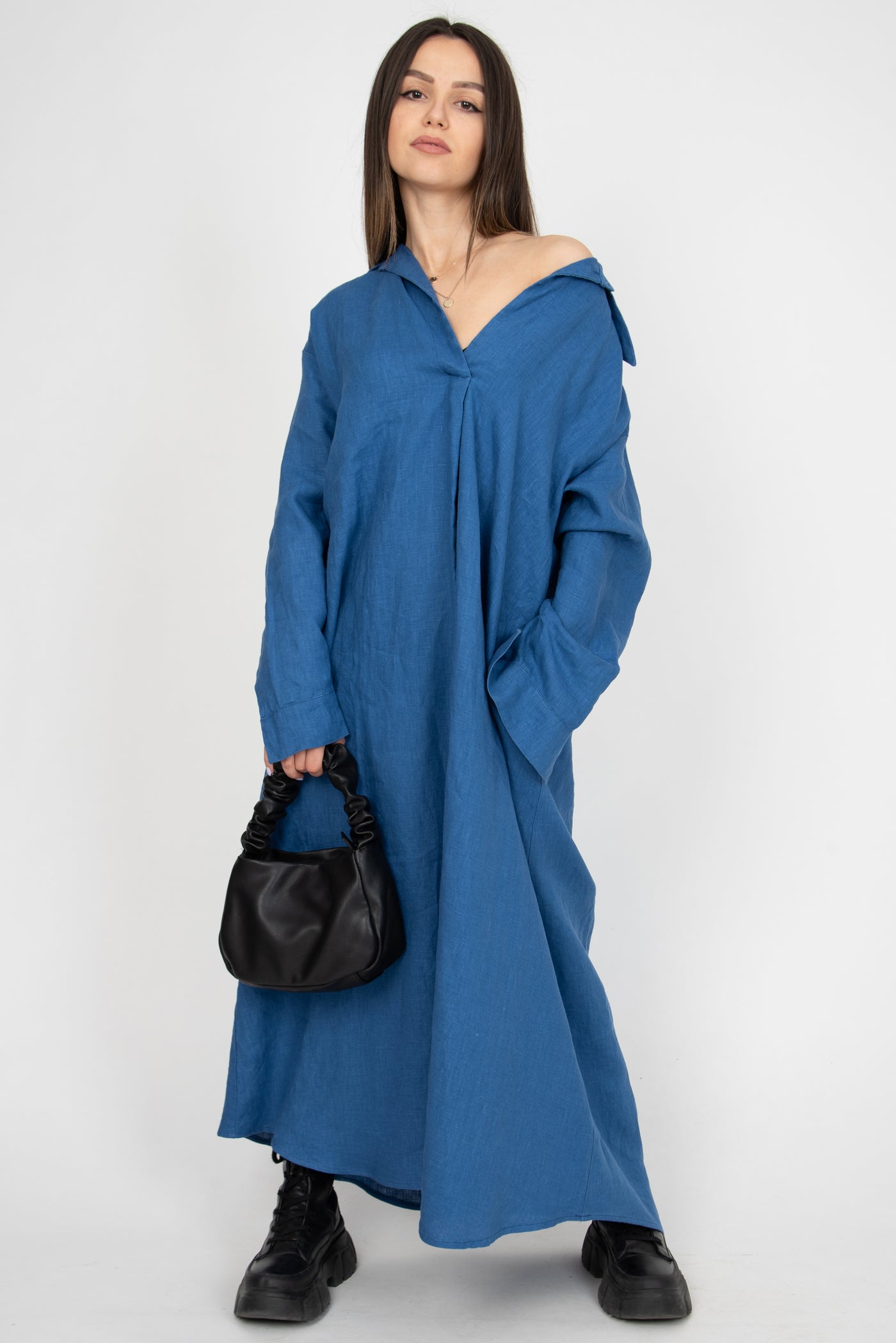 Oversized blue linen shirt dress