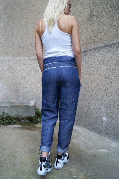 Blue tapered linen pants F1589
