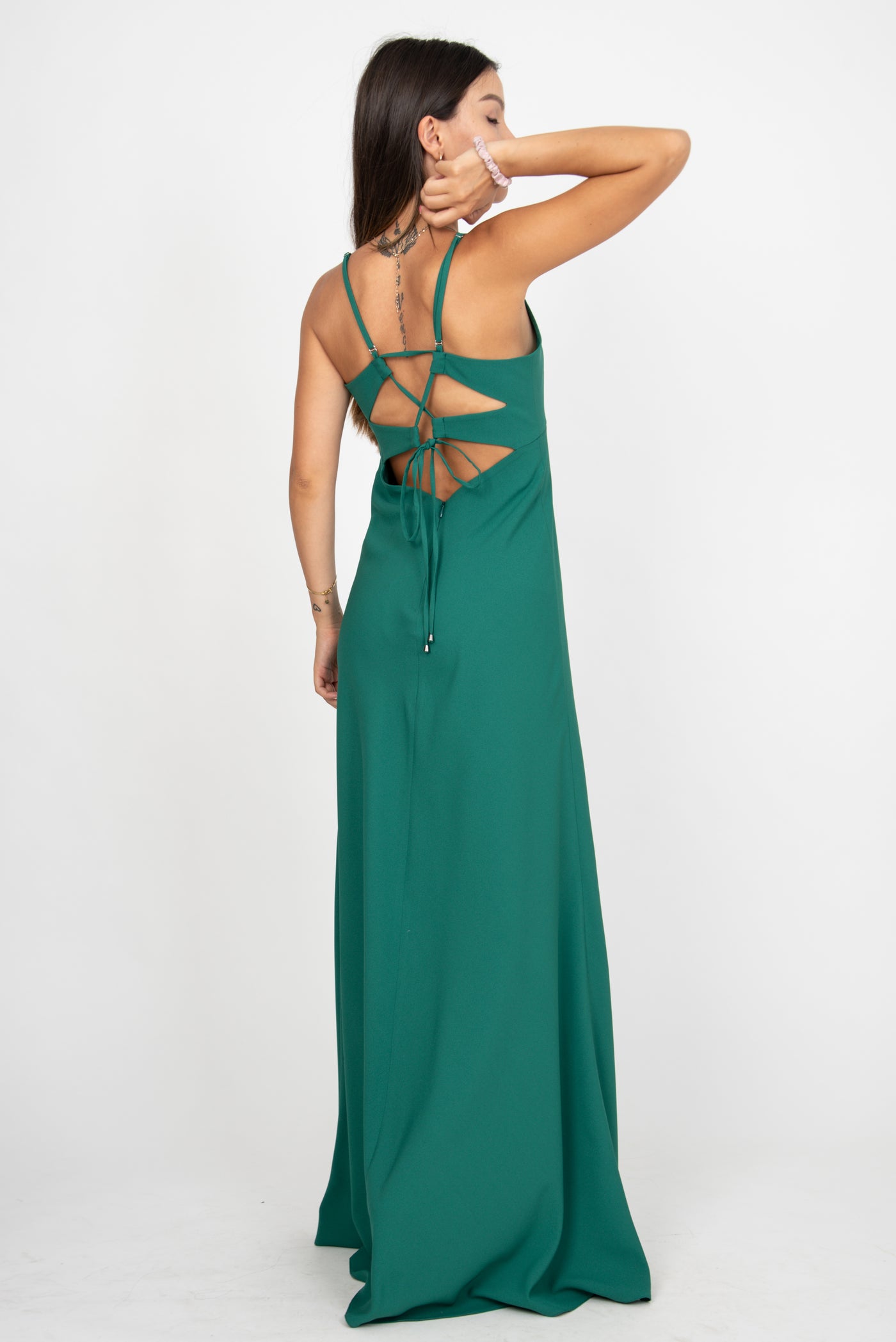 Green flowing dress with open back F2369