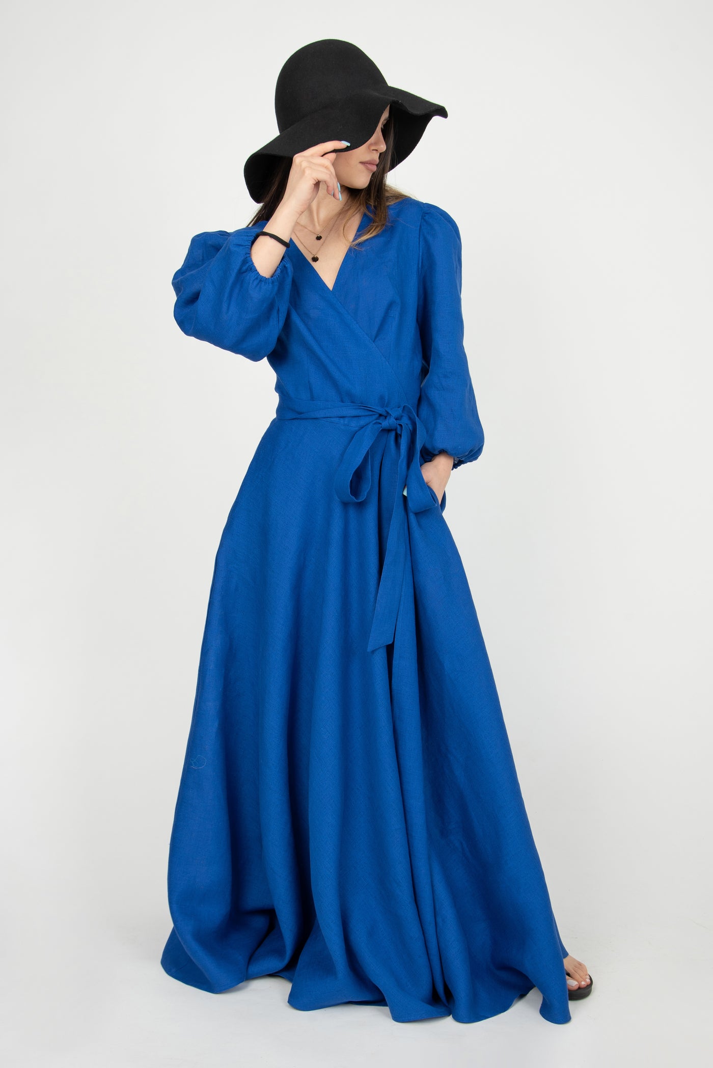 Royal blue linen dress F2300