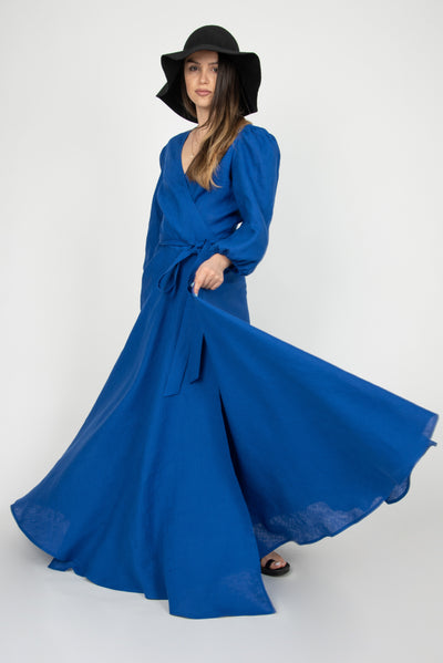 Royal blue linen dress F2300
