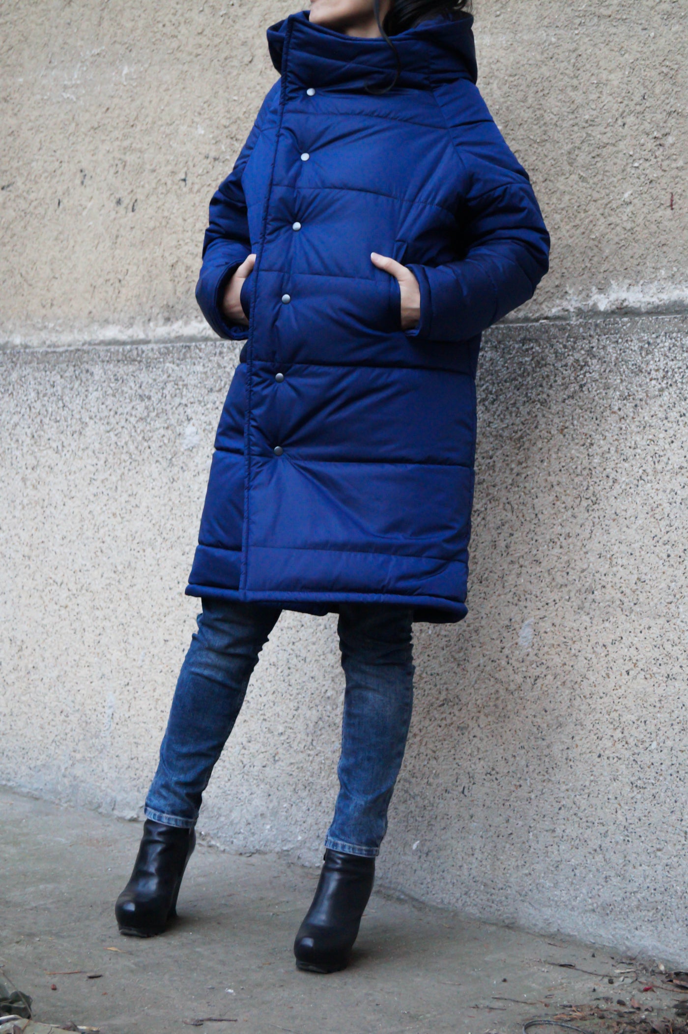 Long Blue quilted windproof jacket F1537