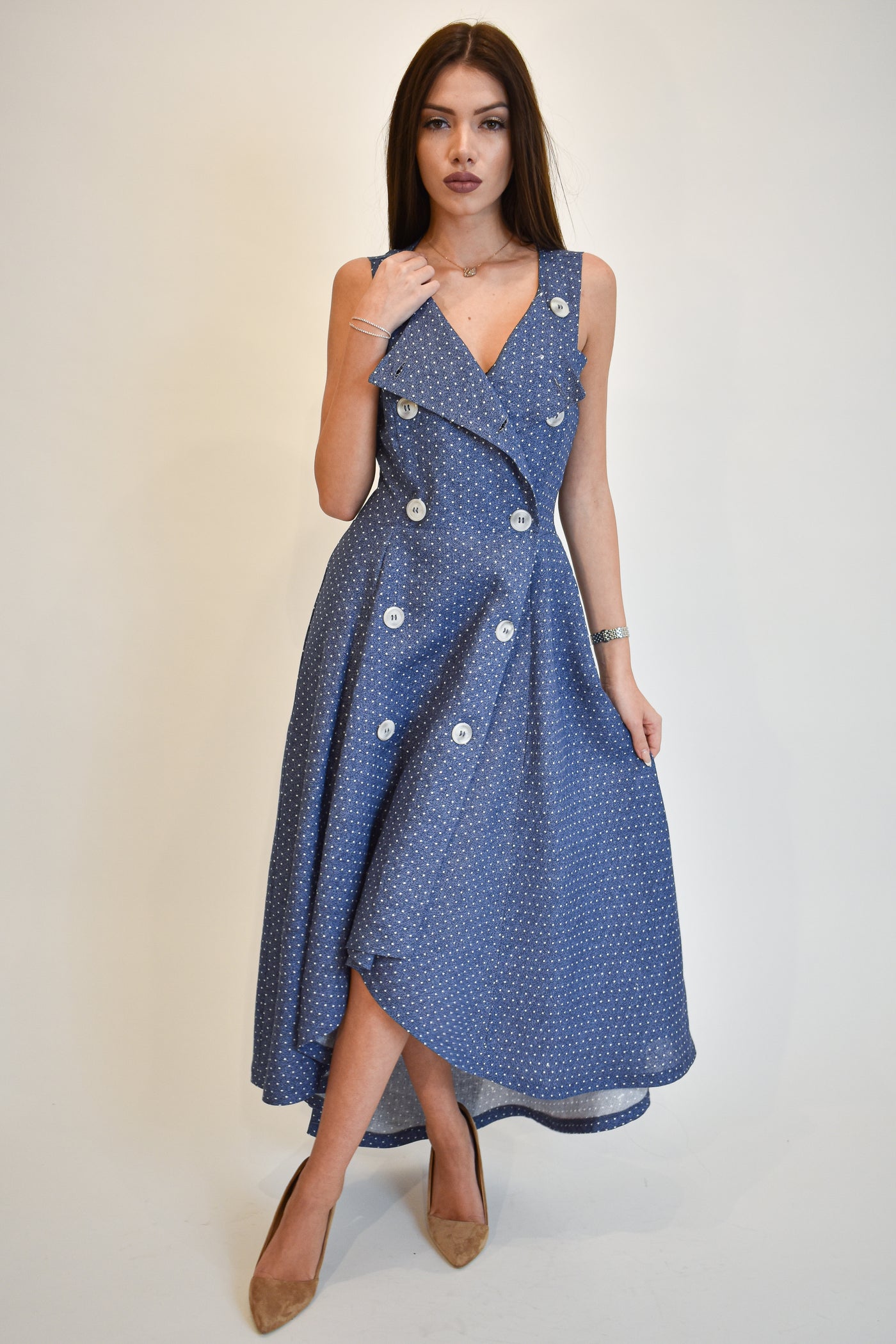 Double row fastening blue-white dress F1901