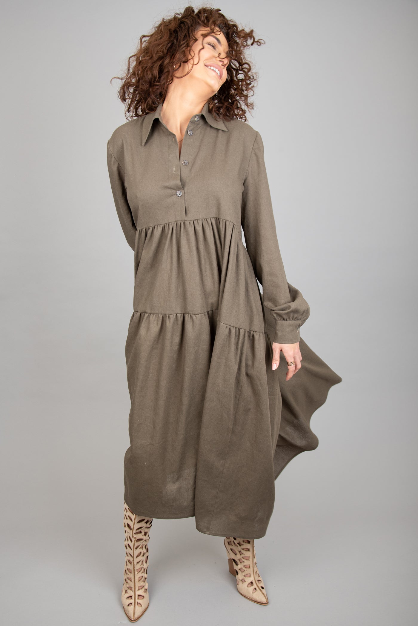 Ruffled linen shirt dress F2258