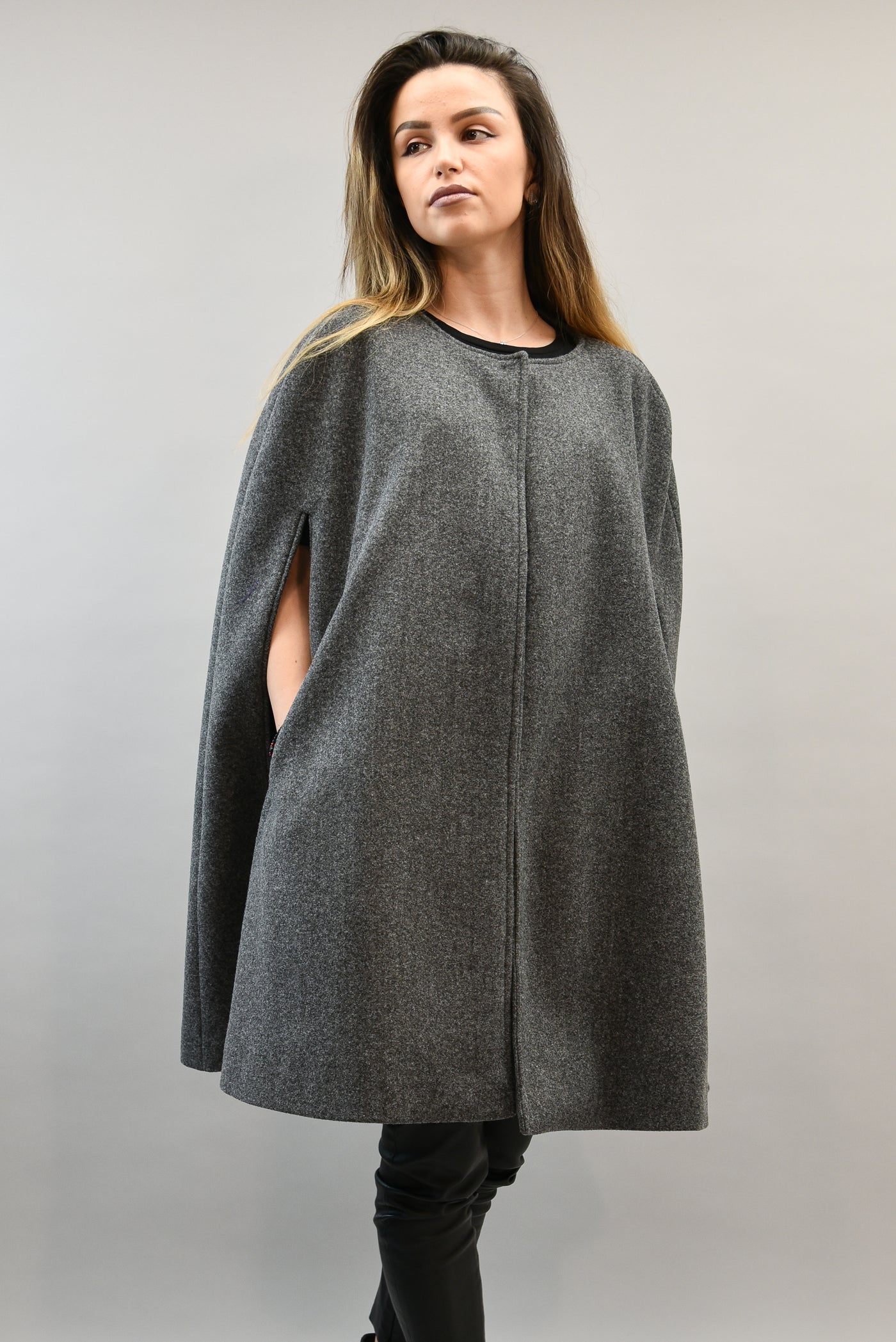 NEW Grey winter wool cashmere cape coat F2189