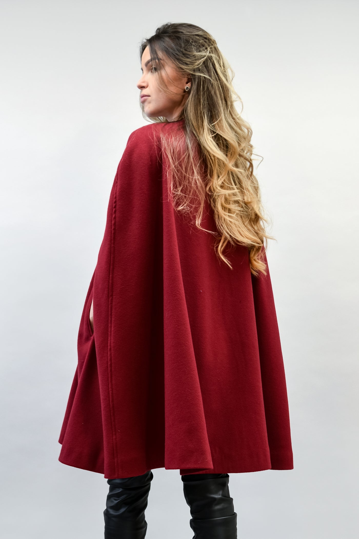 NEW Burgundy winter wool cashmere cape coat F2191
