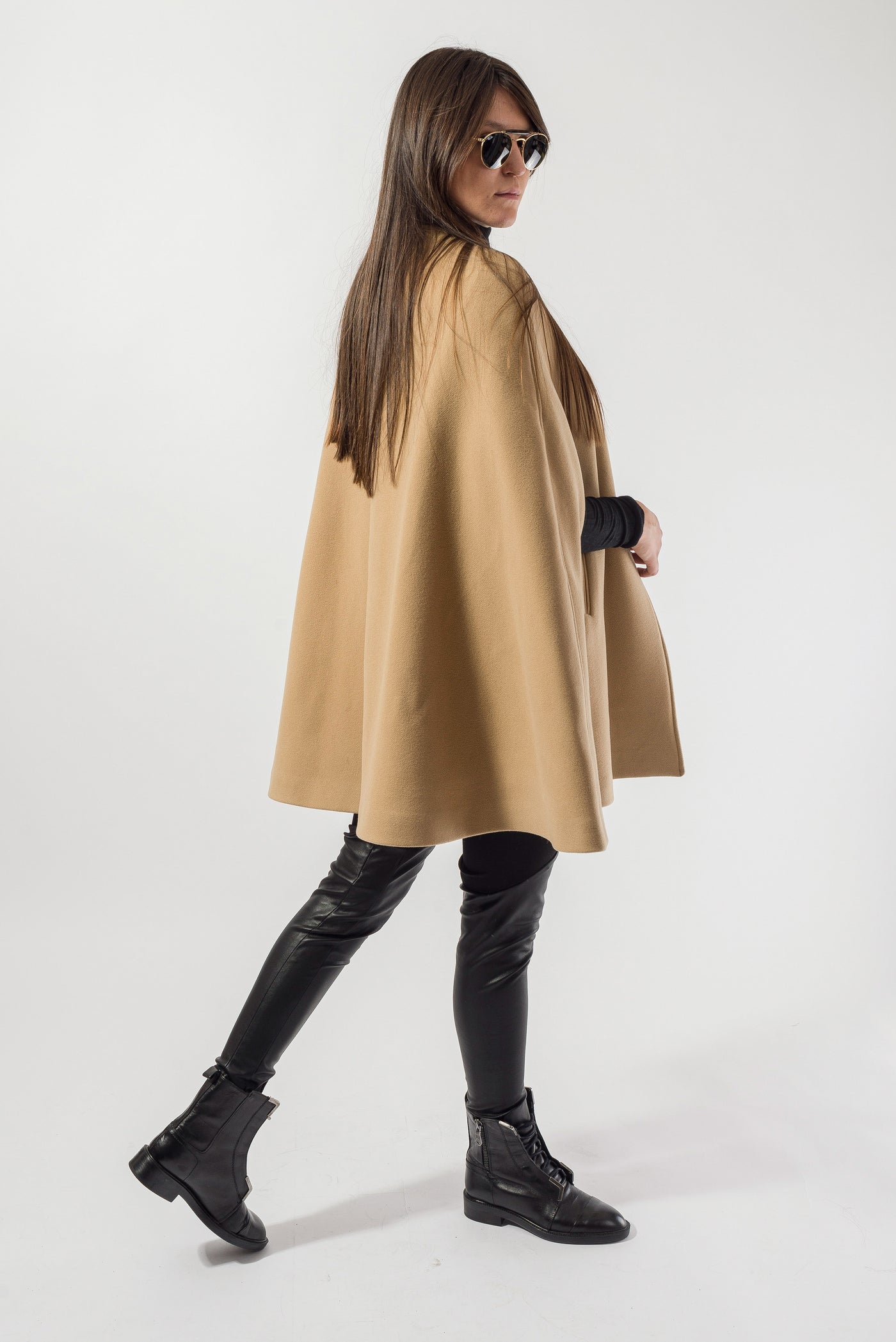 Camel winter wool cashmere cape coat F1821