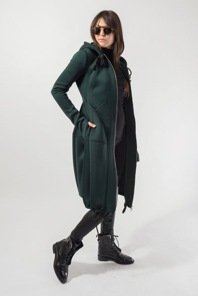 Green long hooded neoprene coat F1824