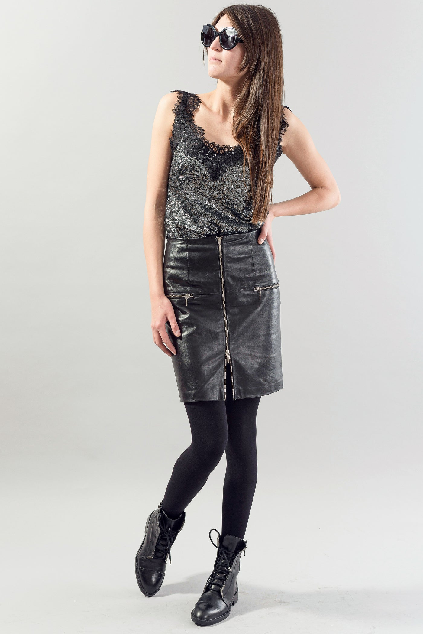 Eco leather knee length skirt F1856