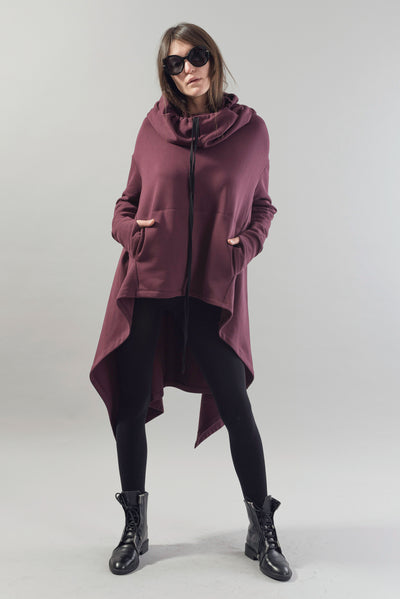 Burgundy hooded maxi sweater F1778