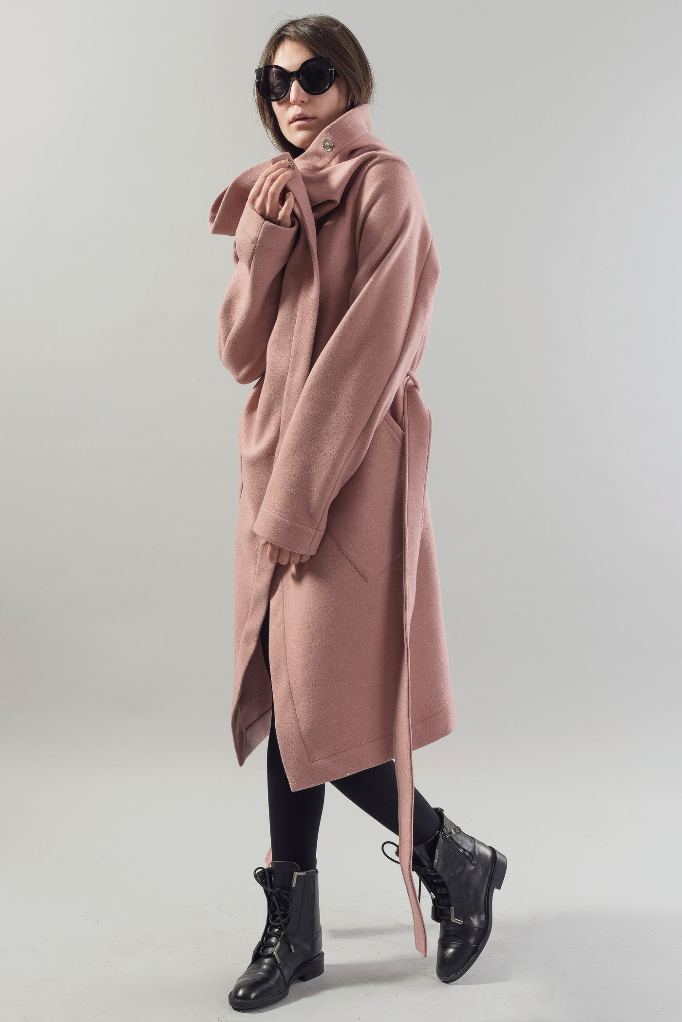 Pale pink wool cashmere coat F1743