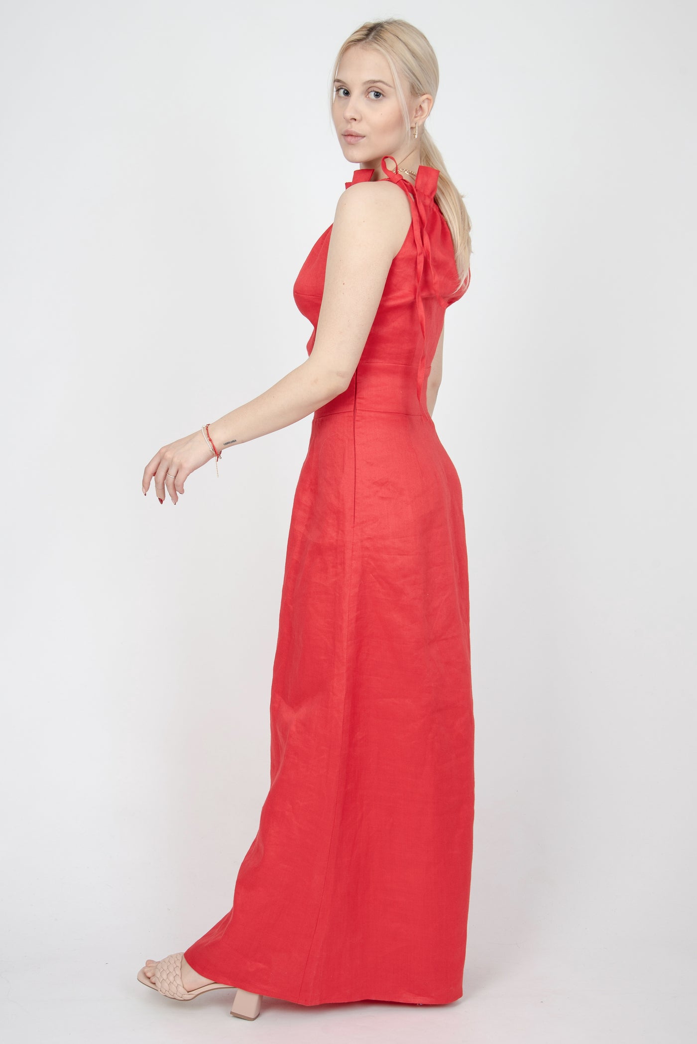 Red long flowing linen dress FC1156