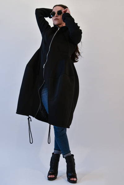 Black long hooded neoprene coat F1991