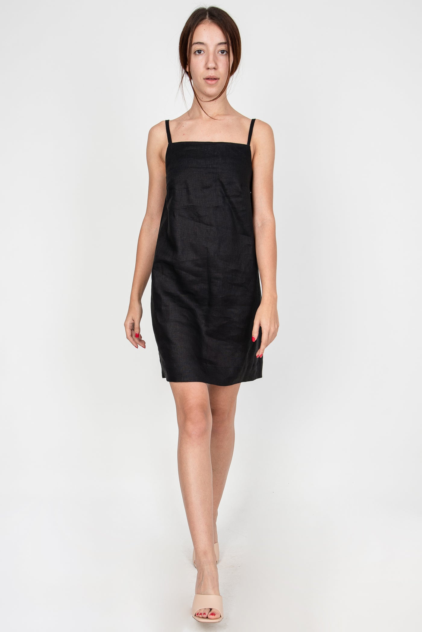 Black linen slip dress F2349