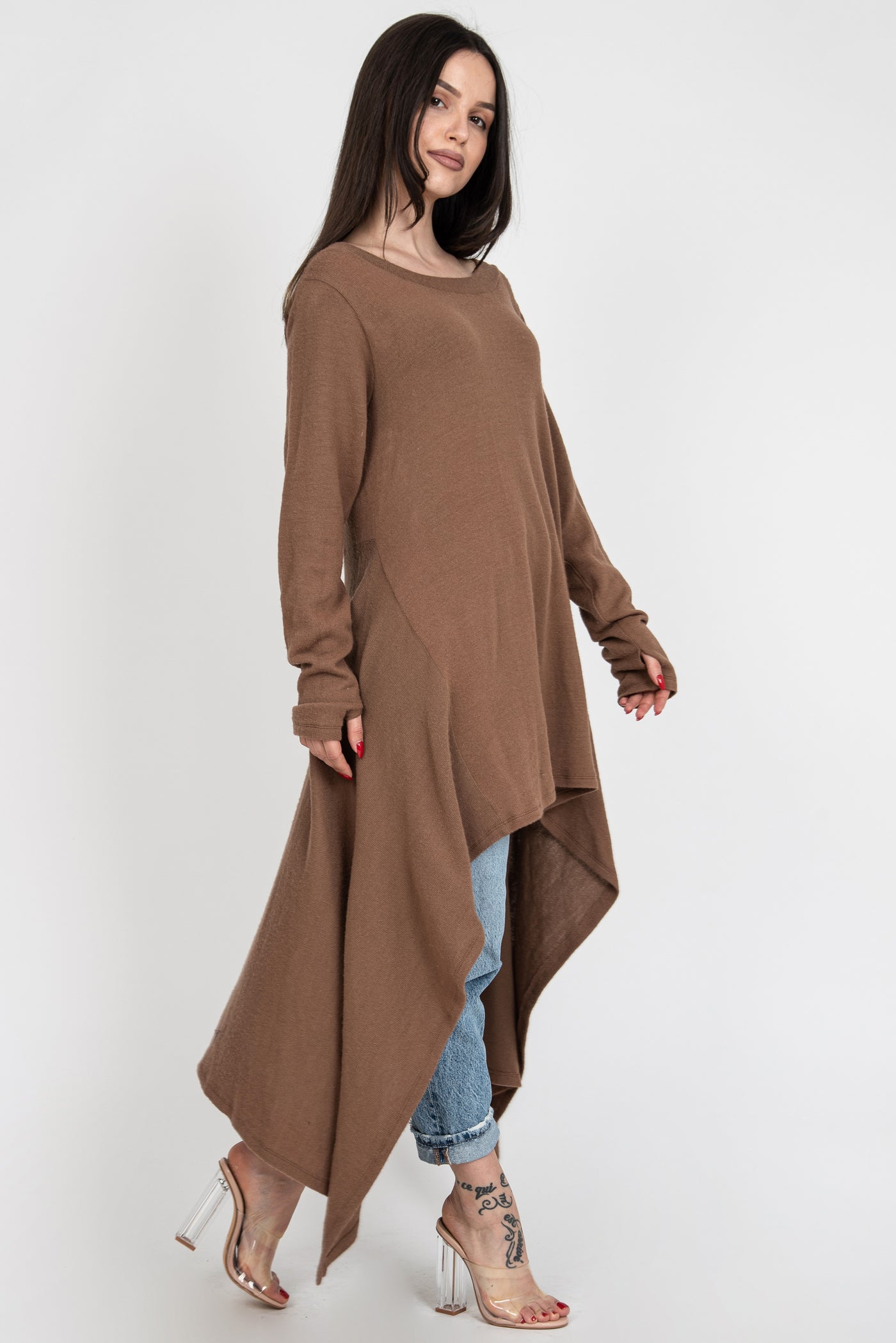 Brown asymmetrical knit sweater F1152