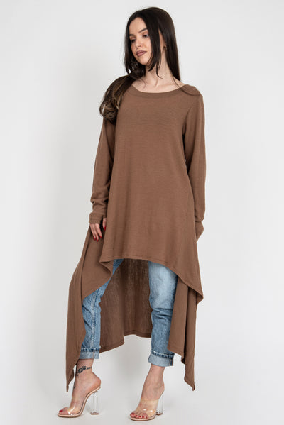 Brown asymmetrical knit sweater F1152