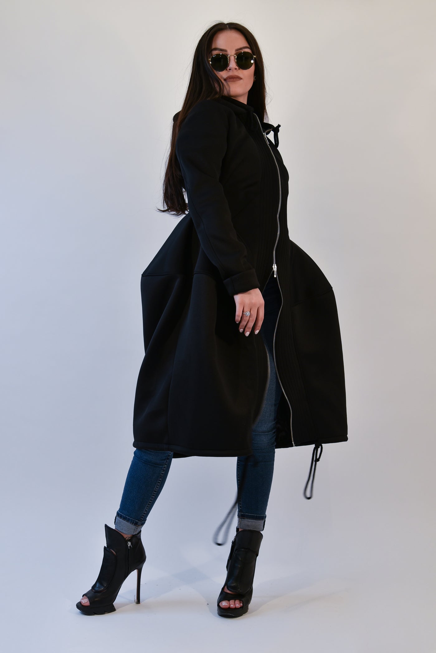 Black long hooded neoprene coat F1991