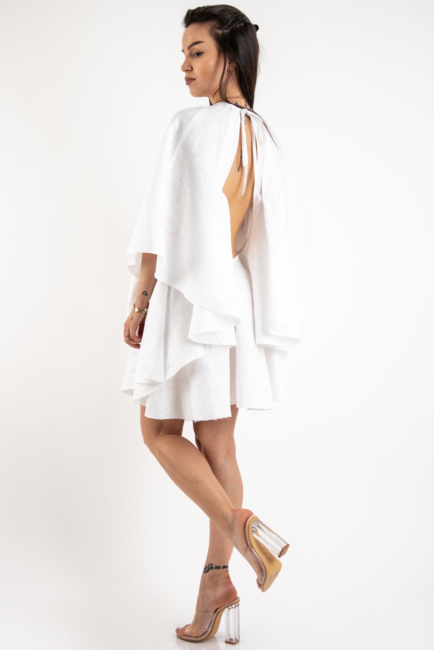 White linen backless dress F2417