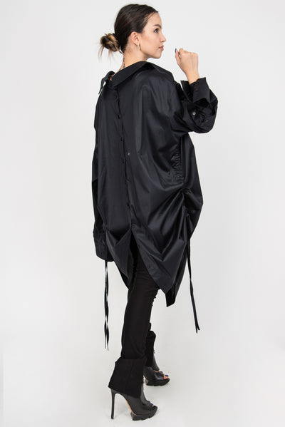 Black oversized shirt with ties F2348