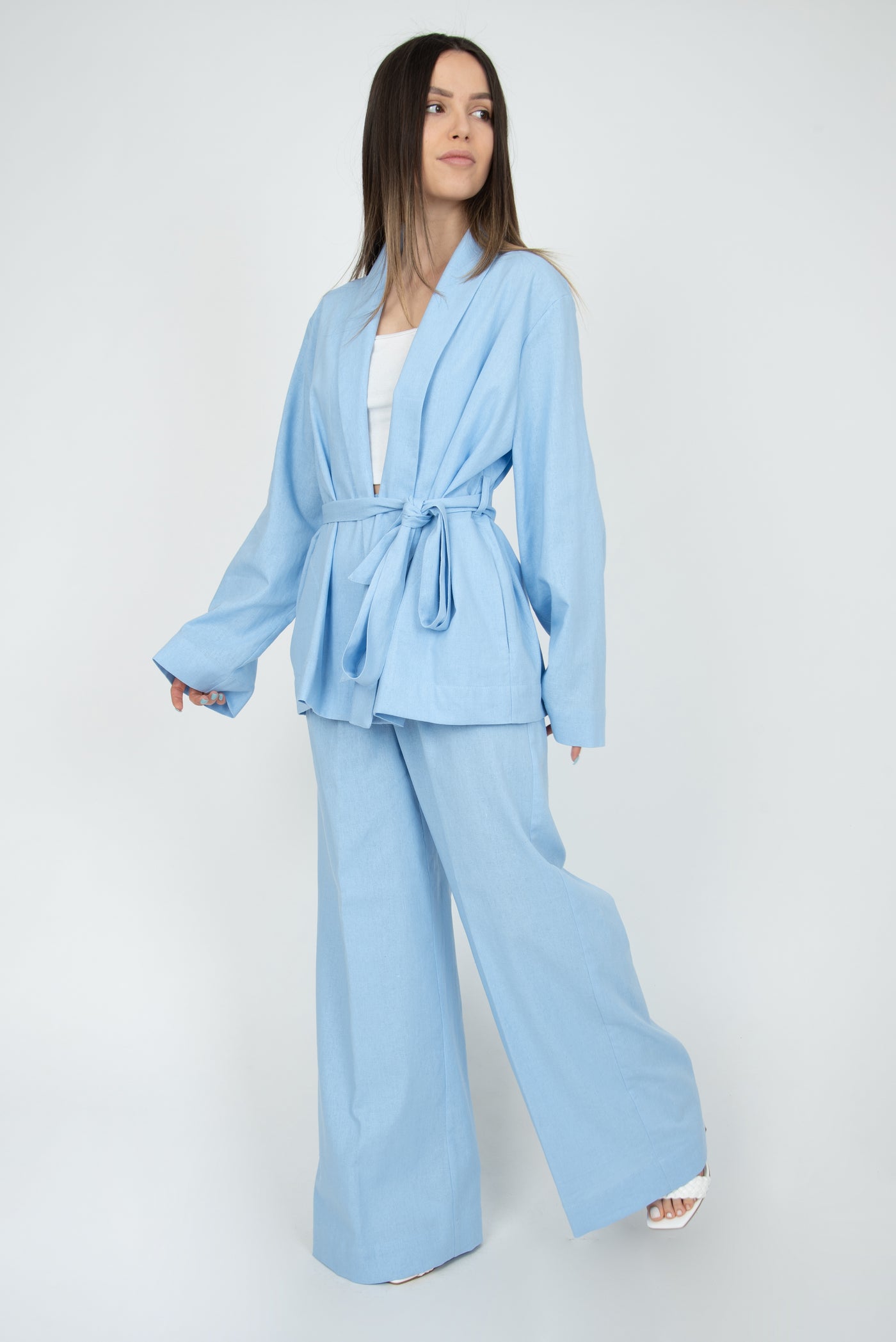 Blue linen kimono set