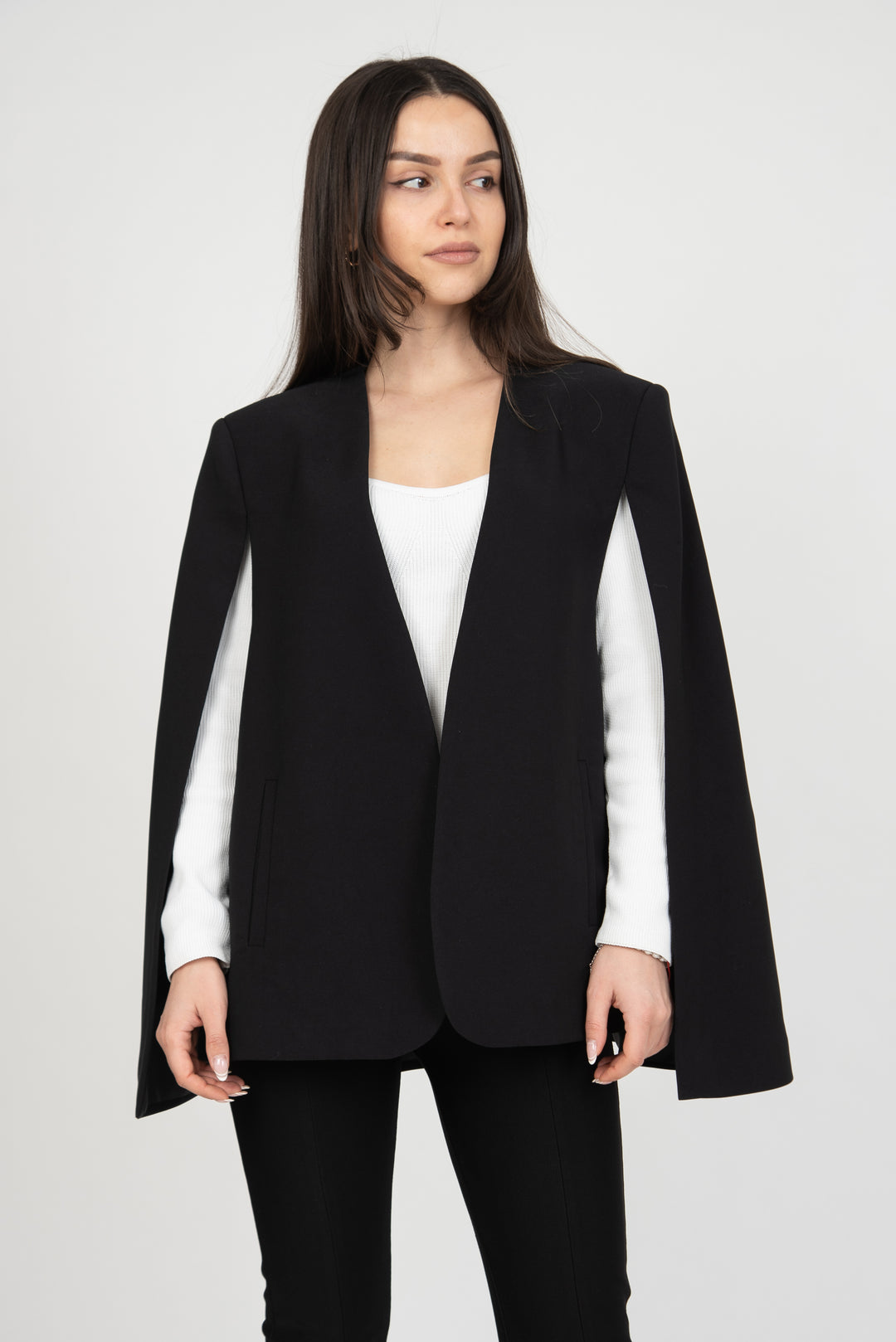 Long black cape blazer hotsell