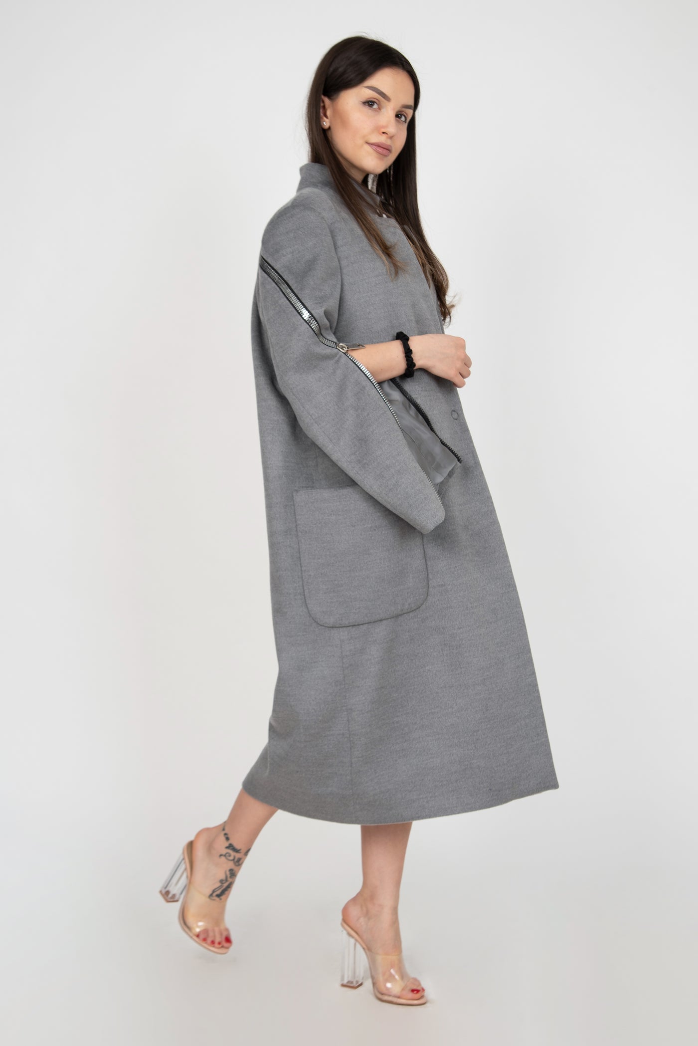 Long gray wool straight coat F2387