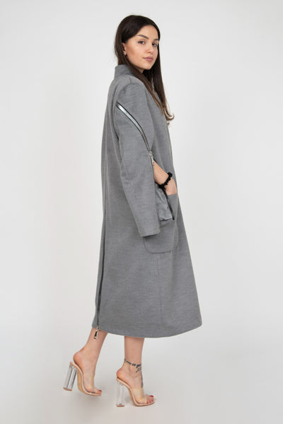 Long gray wool straight coat F2387