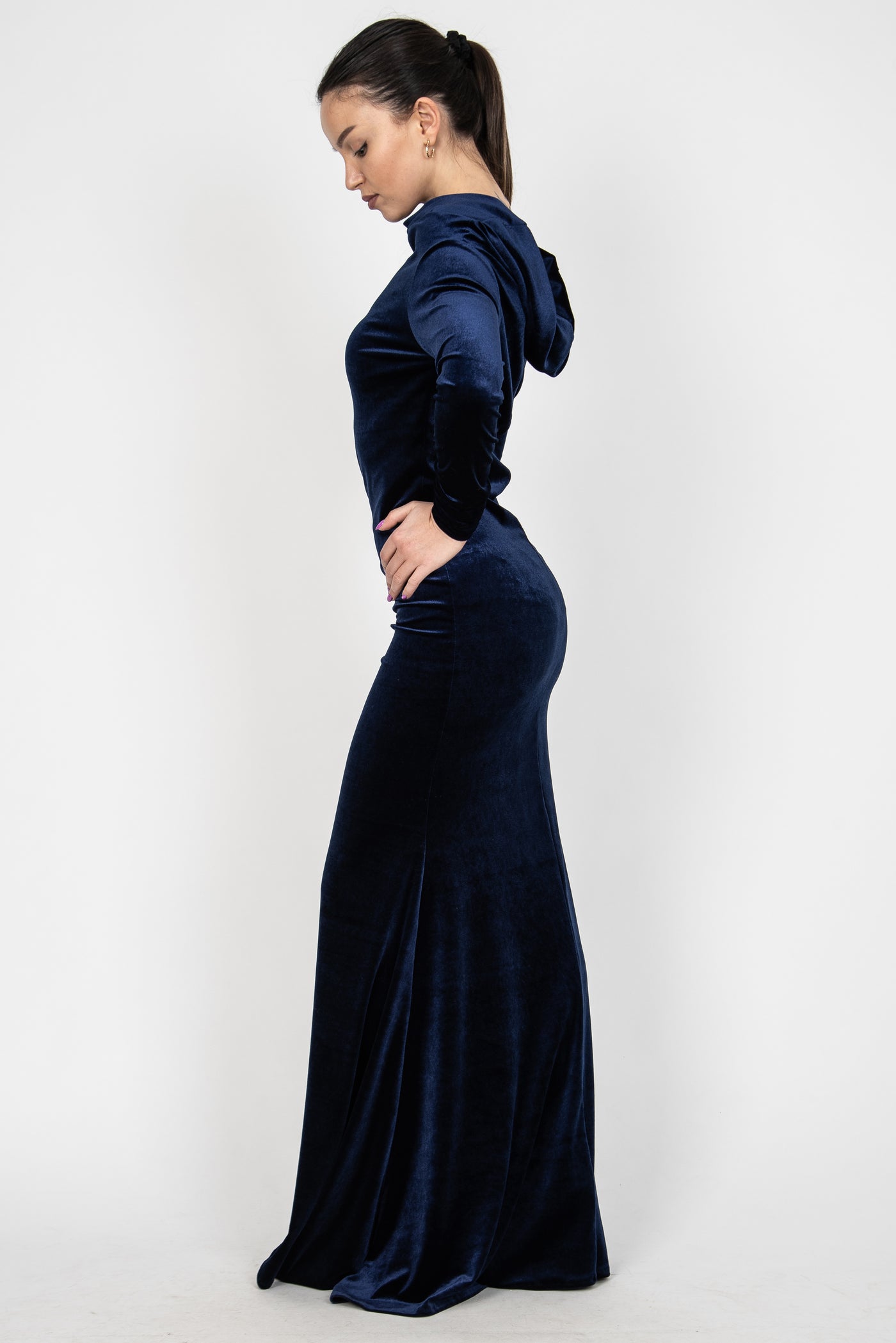 Blue velvet asymmetrical long dress F2362