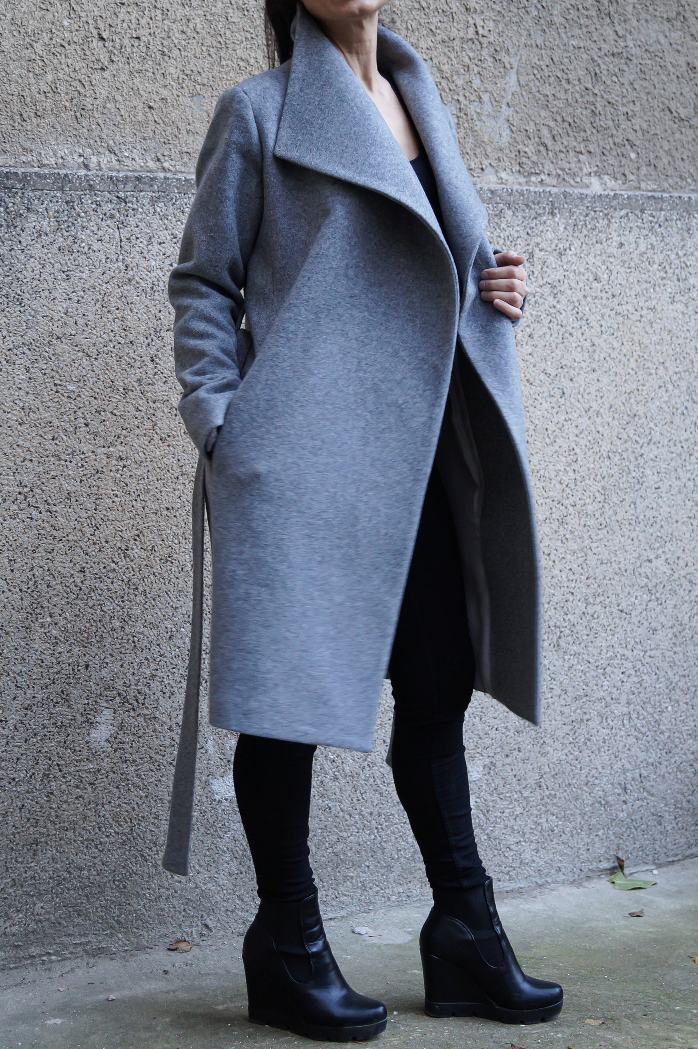 Grey cashmere wool coat F1661