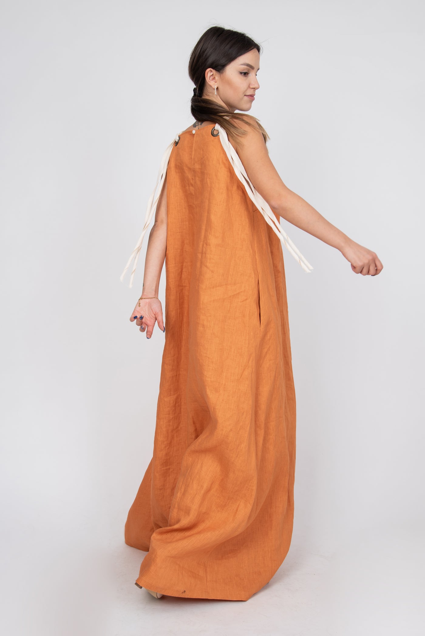 Loose linen orange dress F2341