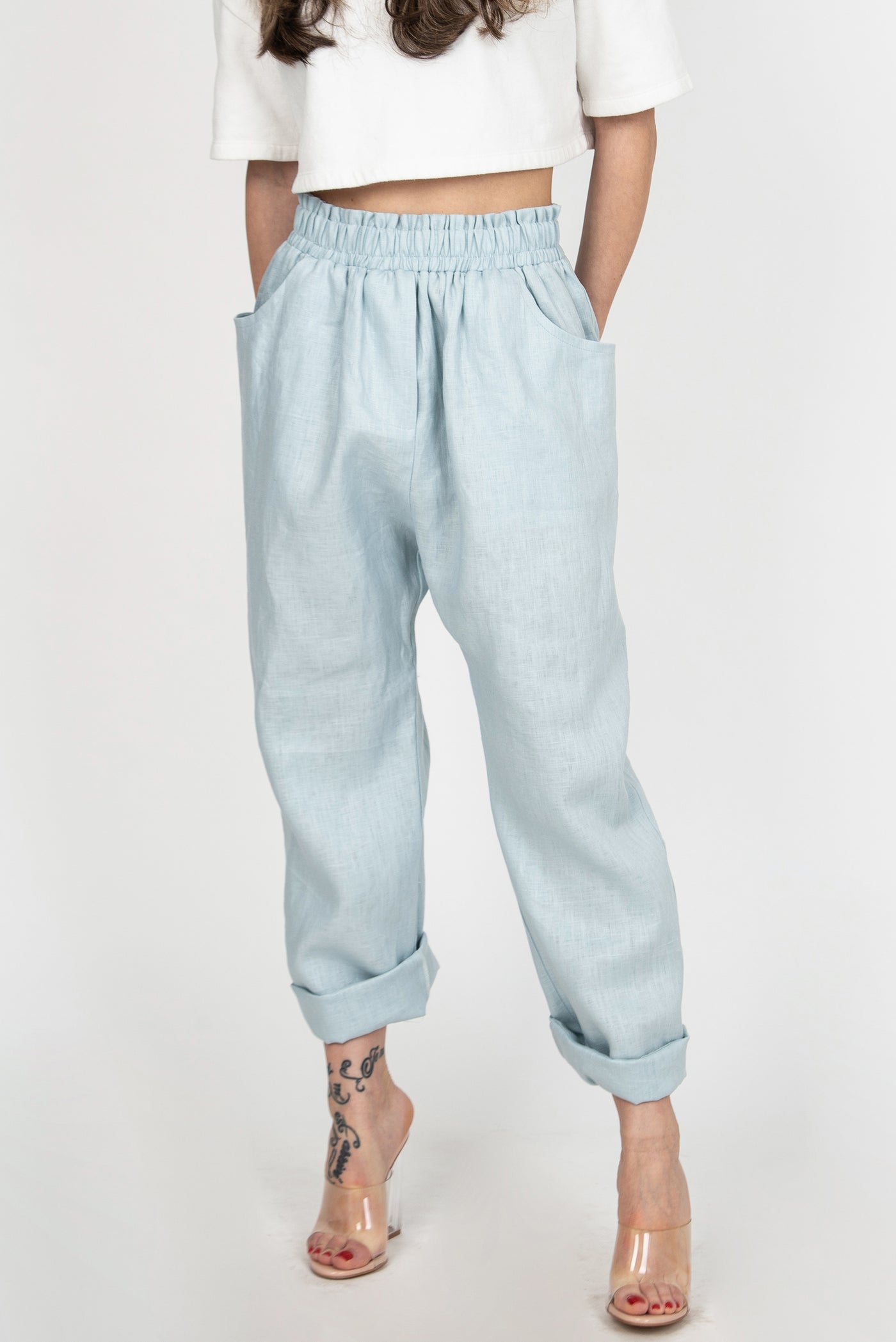 Loose linen blue pants F2385