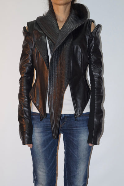 Convertible black genuine leather jacket F1342