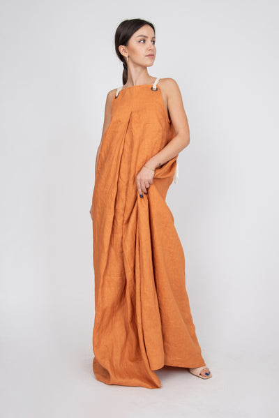 Loose linen orange dress F2341