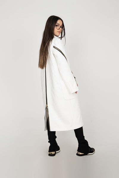 Long white wool straight coat F2367