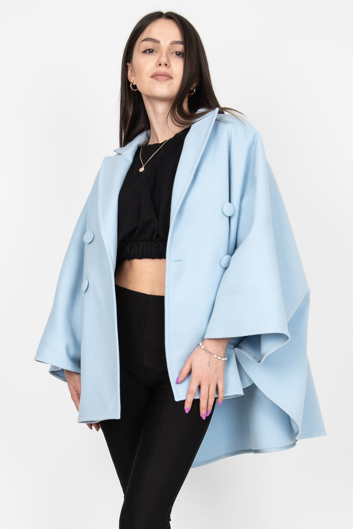 Baby blue wool cashmere cape coat AE362