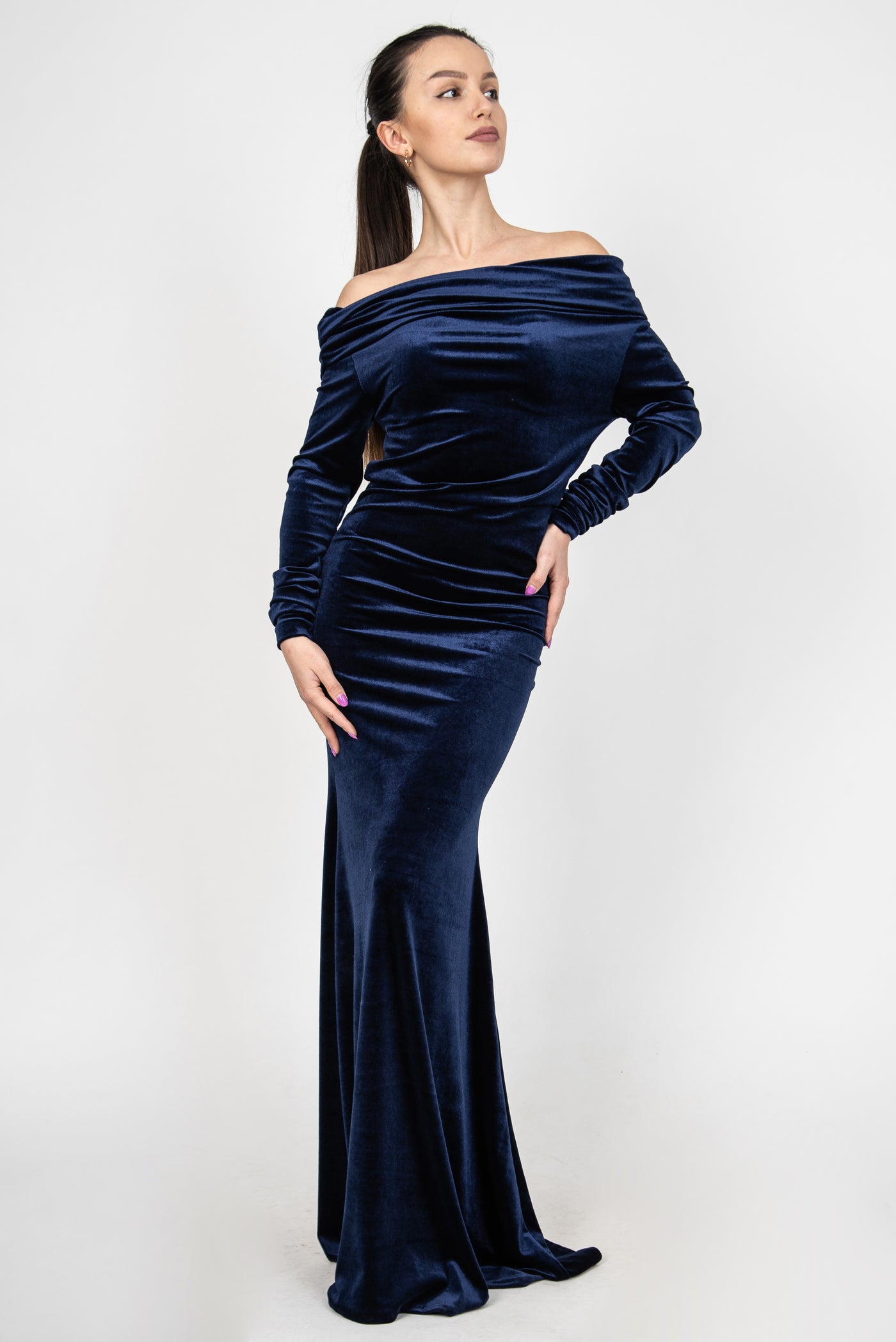 Blue velvet asymmetrical long dress F2362