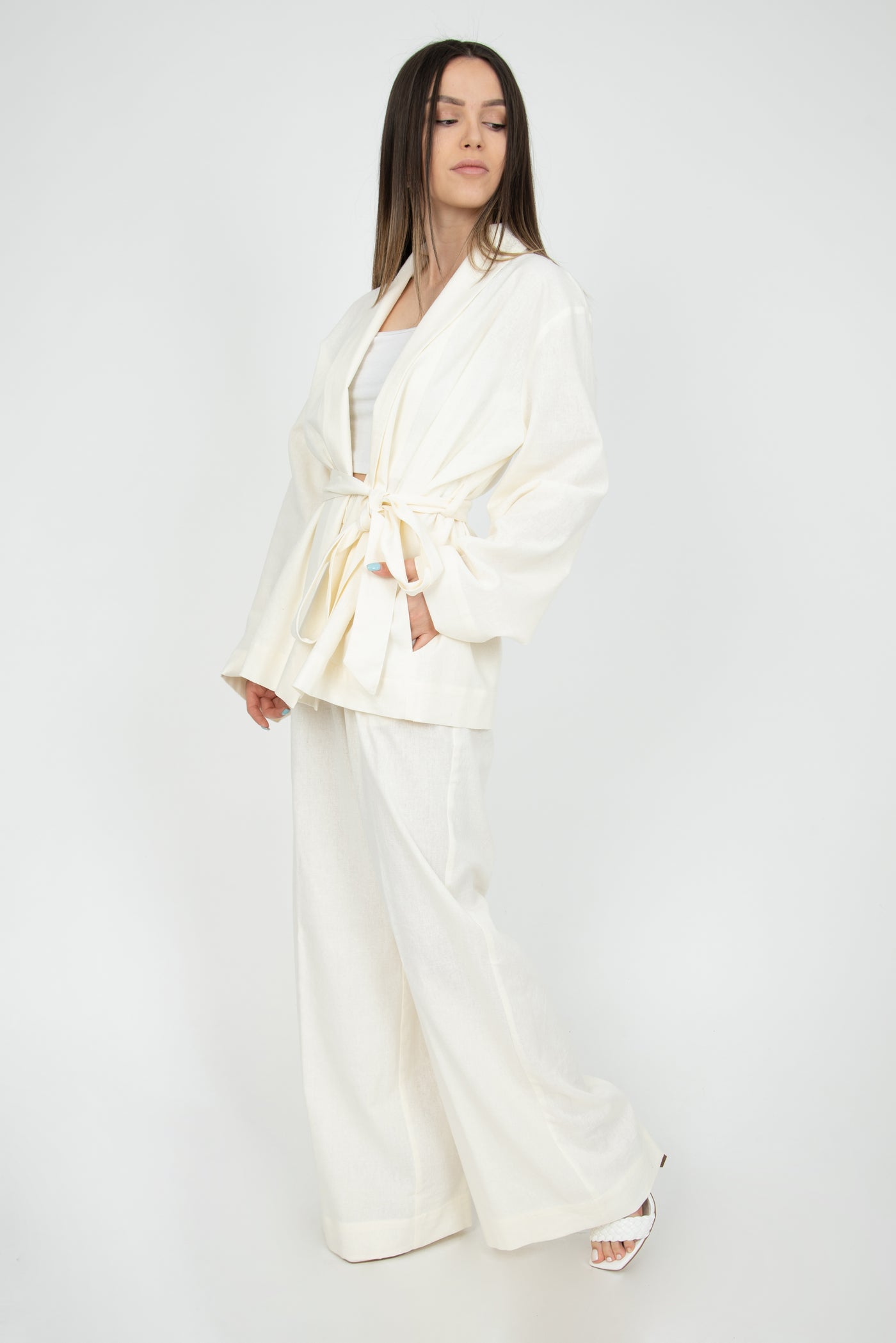 Off white linen kimono set