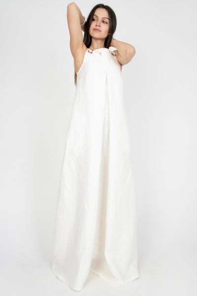 Loose linen white dress F2328