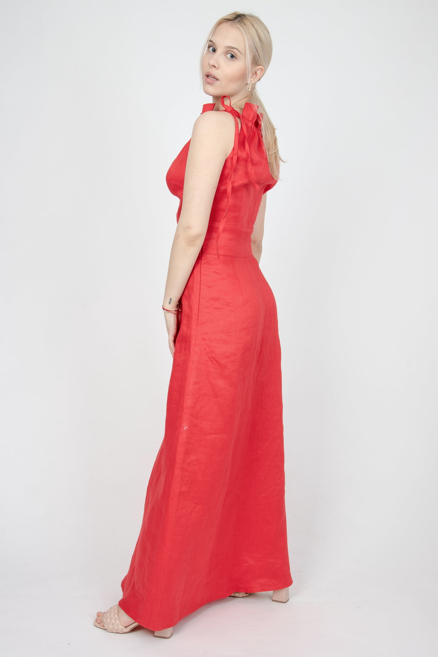 Red long flowing linen dress FC1156