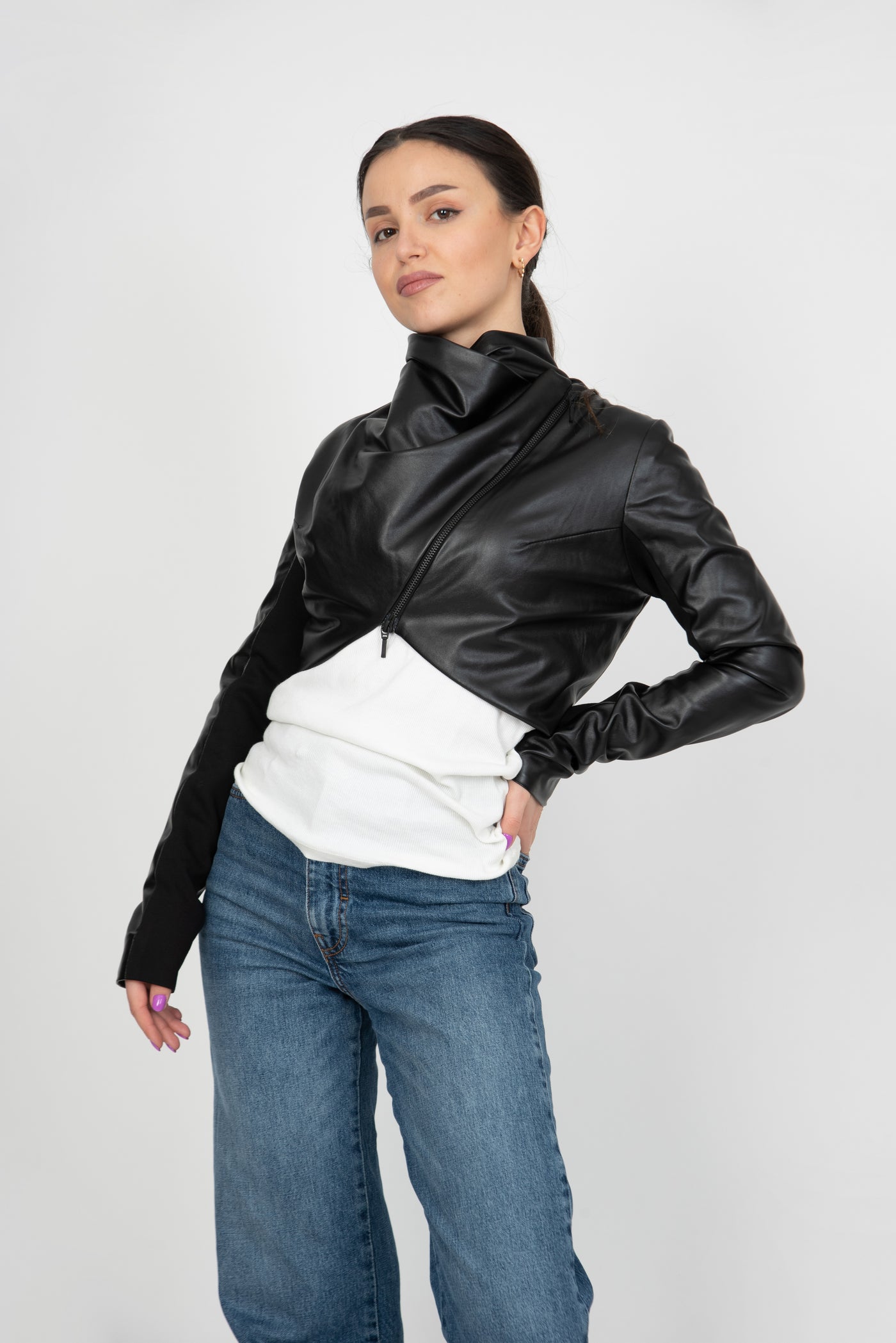 Black vegan leather jacket F1689