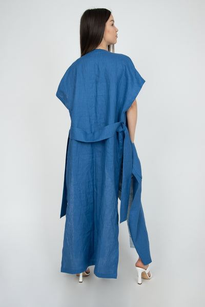 Long blue linen vest
