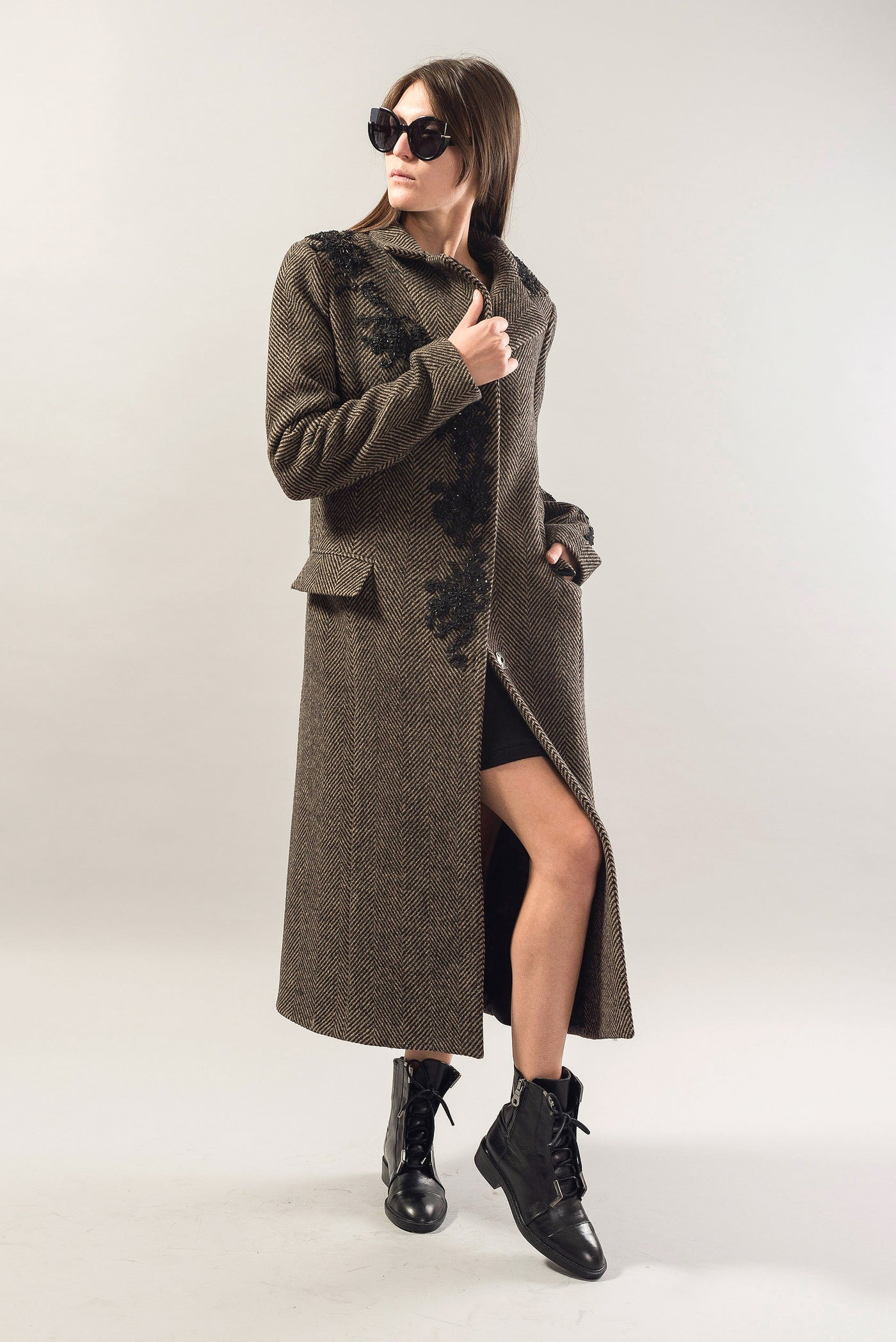 Melange lined embroidery wool coat F1739
