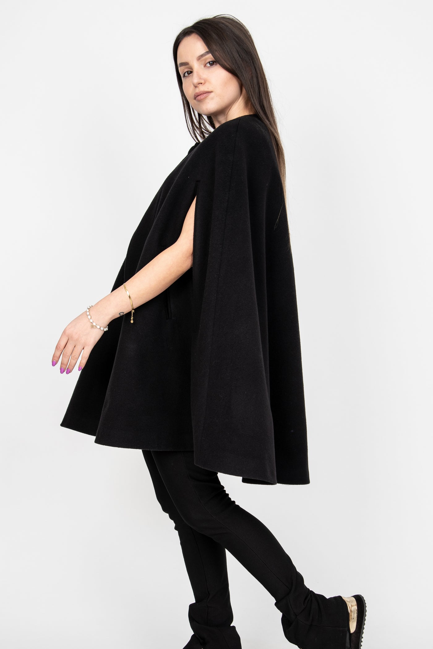 Black wool cashmere cape coat AE361