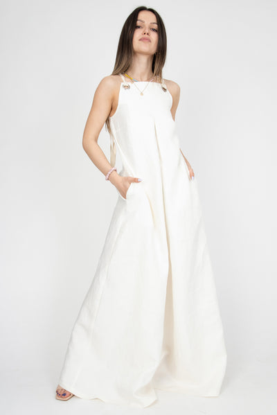 Loose linen white dress F2328