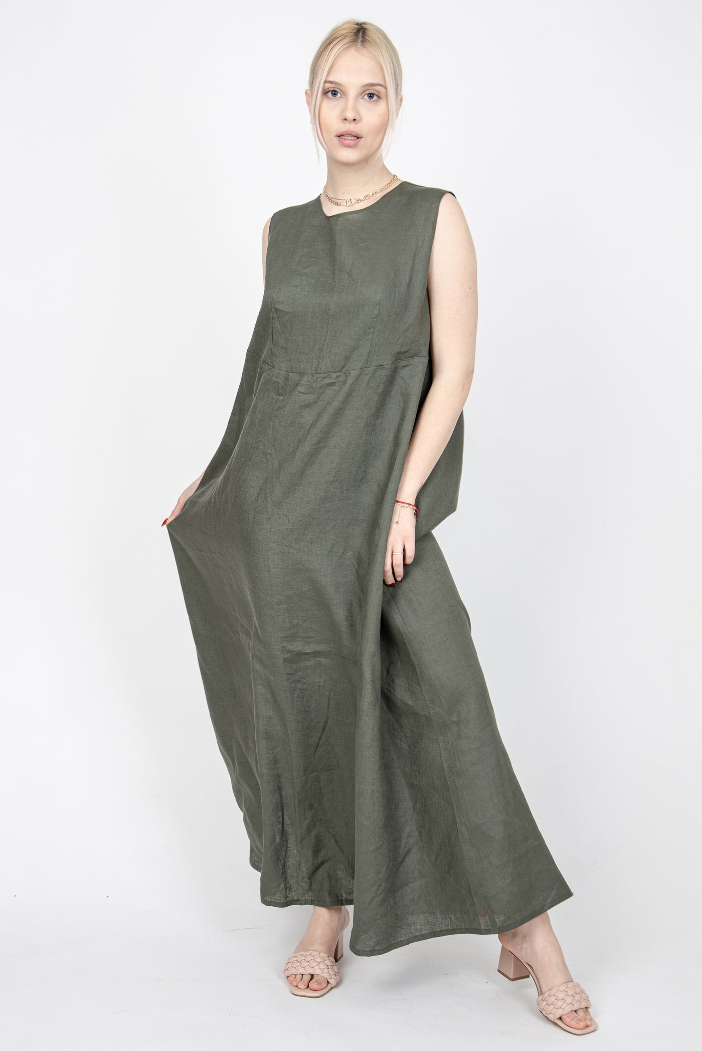 Green linen kaftan dress FC1146